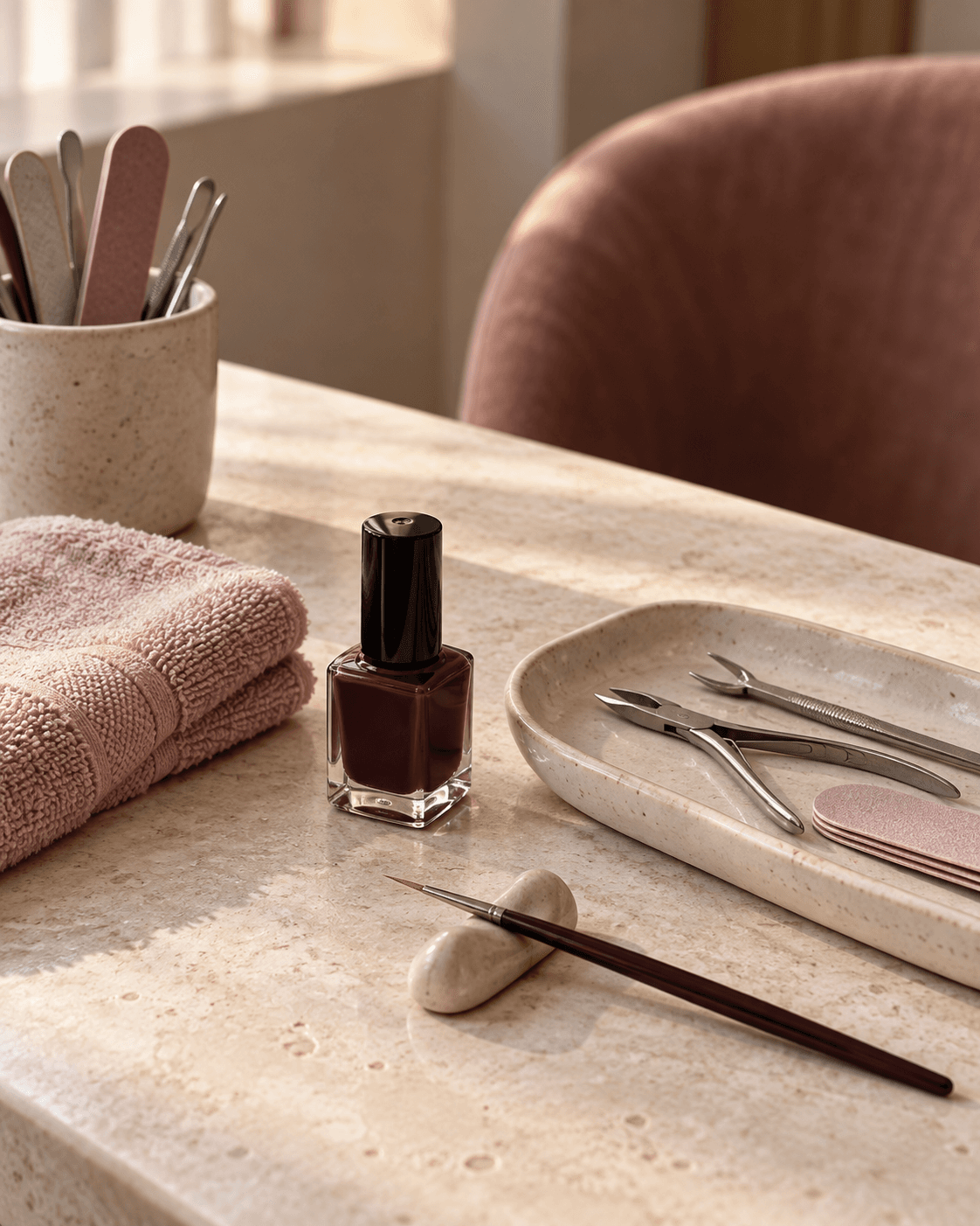 Editorial detail of a calm nail studio workspace